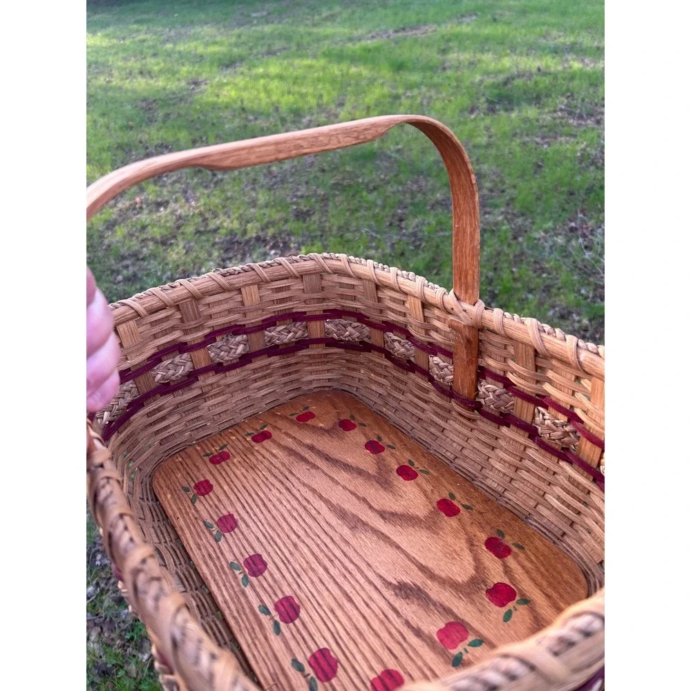 Handmade Woven Splint Basket Wood Base Hand Painted Apple Border Farmhouse Decor